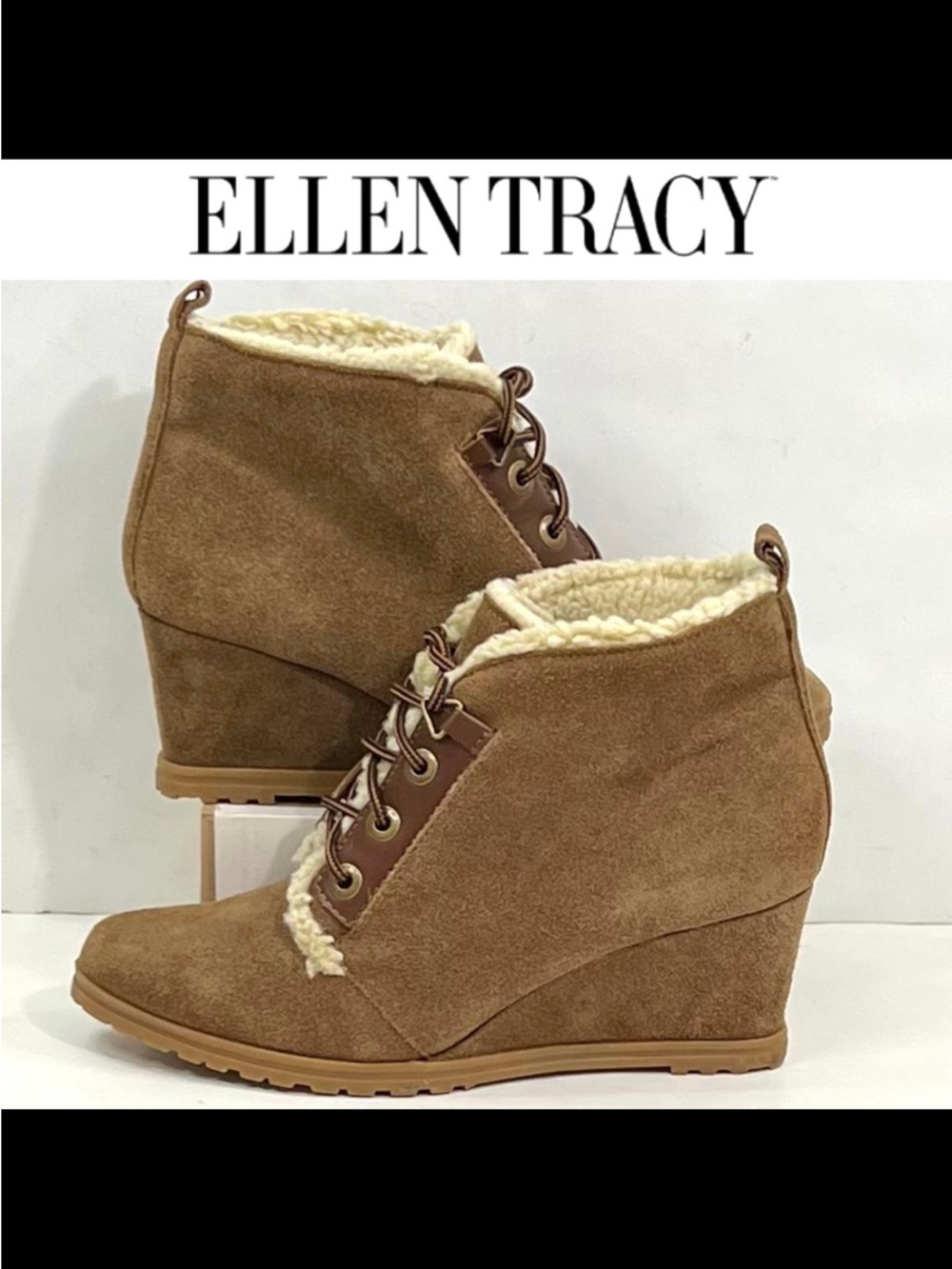 New Ellen Tracy Torino Brown Suede Lace-Up Shearling Ankle Boots, Size 7.5